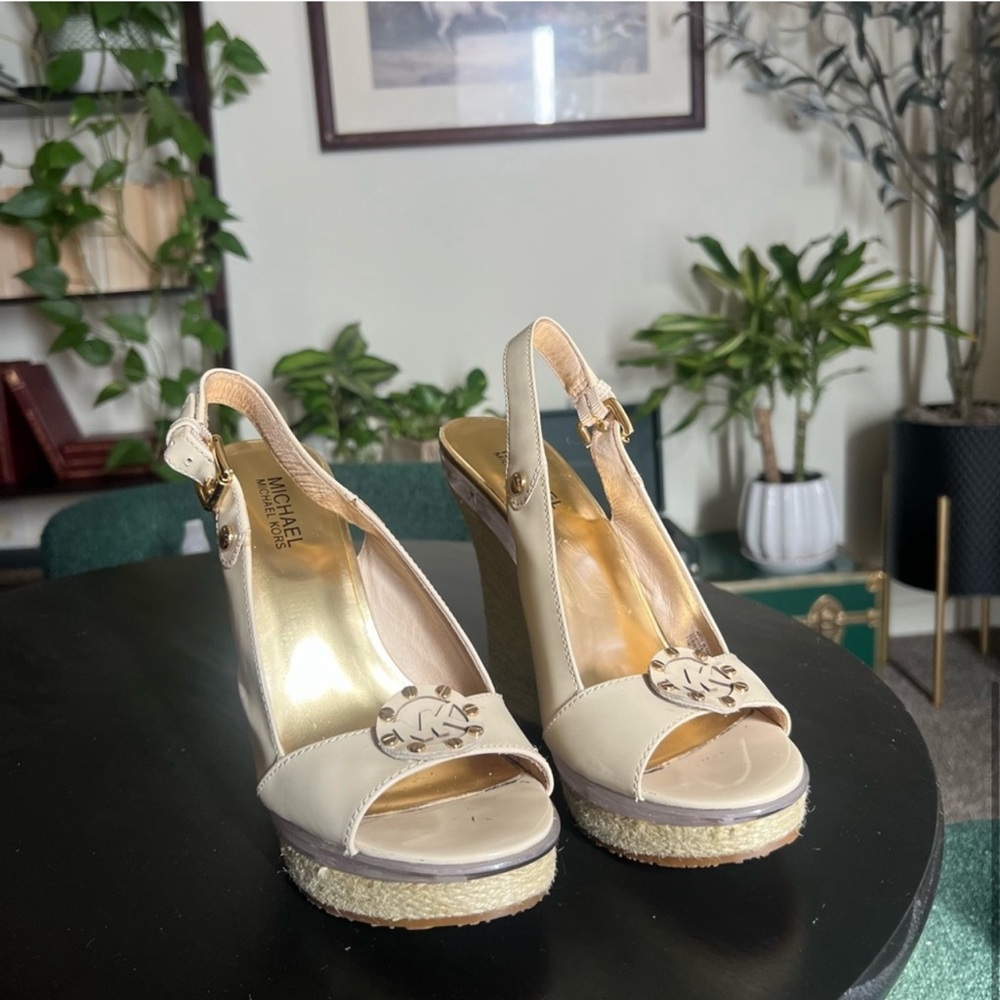 Michael Kors Beige Patent Leather Wedge Sandals - Picture 5 of 6